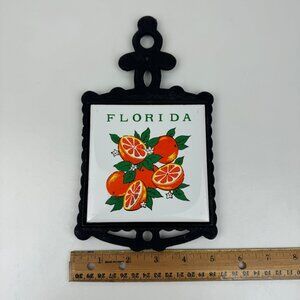 Vtg Florida Oranges White Ceramic Tile Cast Iron Trivet Tabletop‎ Hanging Handle
